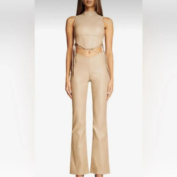 I AM GIAFaux Leather waist tie up Pants in Tan Beigesize XXS